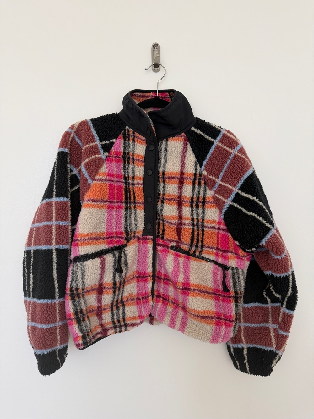 FP Movement by Free People Plaid Sherpa Puffer Jacket in Pink, Orange & Black